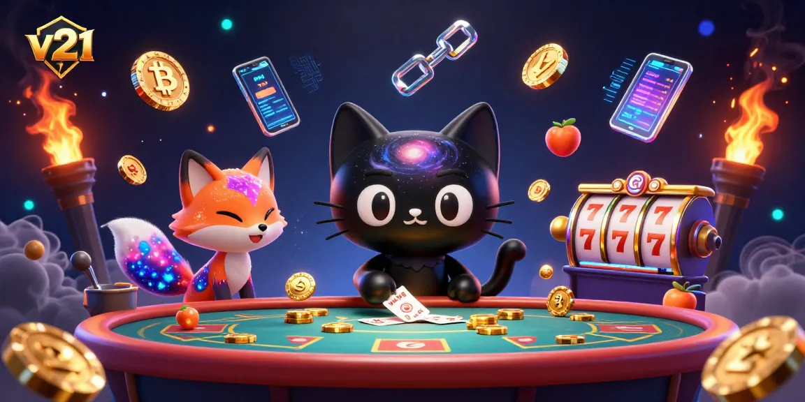 Akses v21 dengan slot reels dan karakter kucing hitam bersekolah di meja kasino yang penuh energi