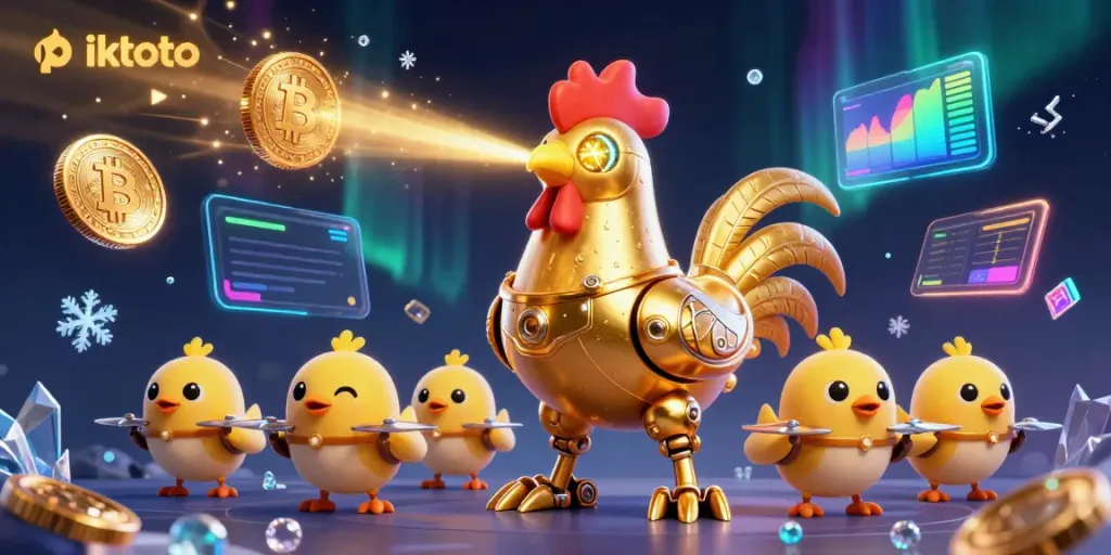 Engage with piktoto's captivating 3D casino illustration featuring vibrant robots and crypto elements.