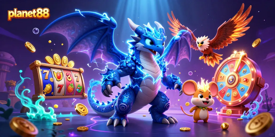 Spin exciting slots at planet88 with a dynamic scene featuring a thunder dragon and vibrant game elements.