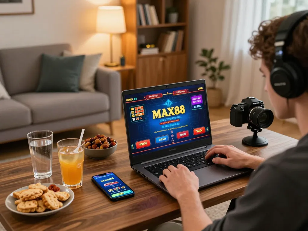 Player engaging with MAX88 on a laptop, showcasing a cozy home gaming setup with vibrant decor.