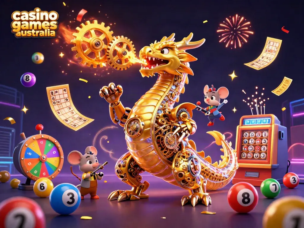 Engage with casino games Australia through a vibrant fantasy scene featuring a golden dragon and dynamic gaming elements.
