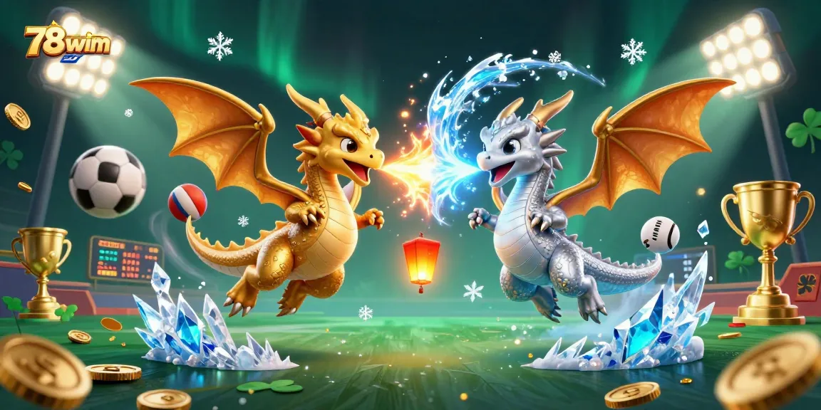 Experience the thrill with 78wim as gold and silver dragons battle amidst dynamic sport-themed elements.