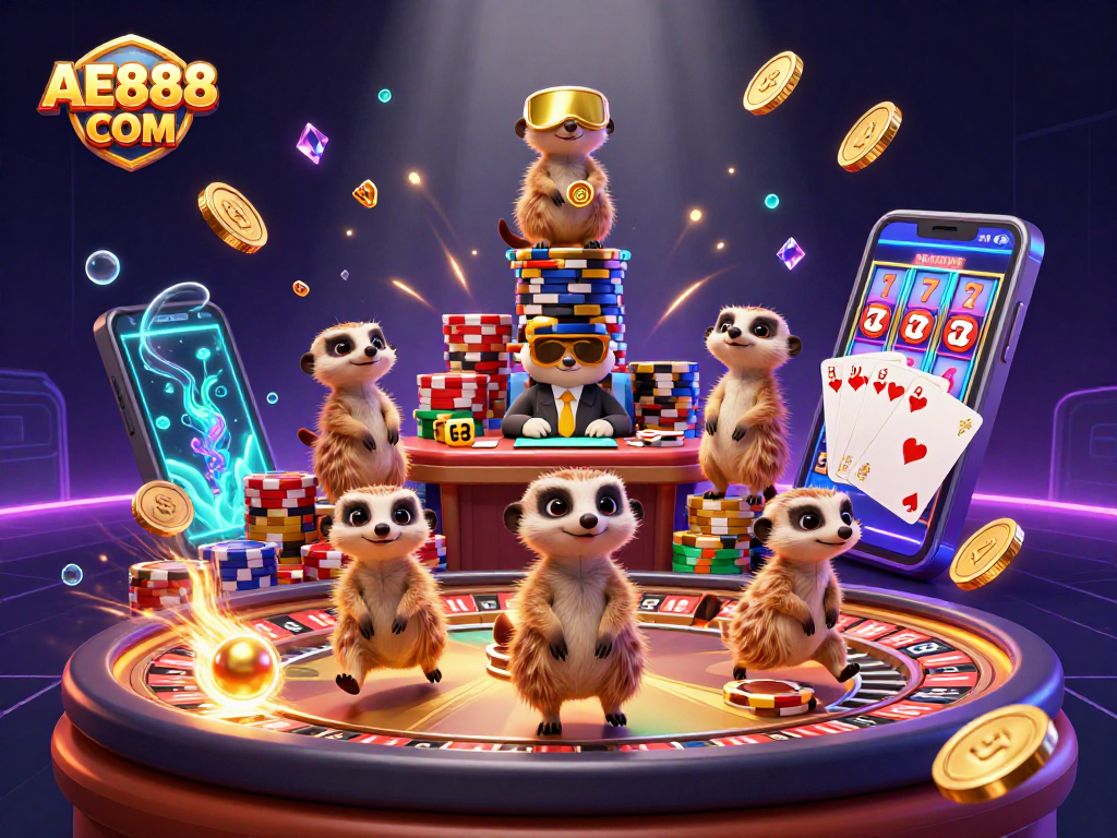 Experience the excitement at AE888 COM with meerkats managing a vibrant casino scene full of dynamic game elements.