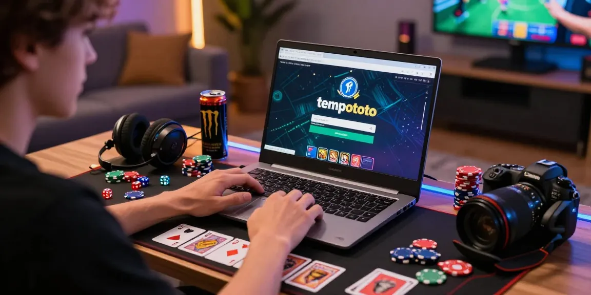 Exciting tempototo login scene showing a gamer at a desk with gaming gear and vibrant atmosphere.