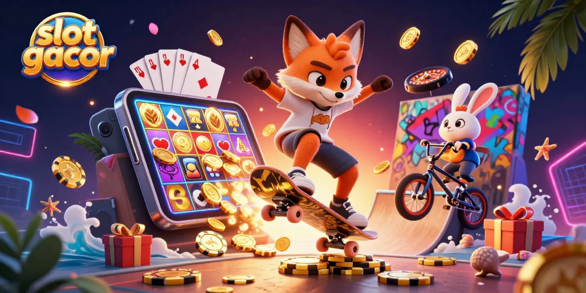 Engage with slot gacor in an action-packed scene featuring skateboarder fox and BMX rabbit amidst vibrant casino elements.