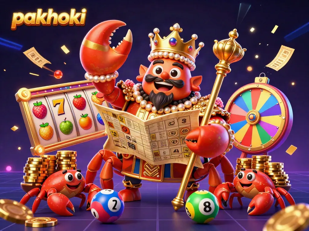 Menangkan permainan dengan PAKHOKI: Raja kepiting emas dikelilingi chip keemasan dan permainan slot.