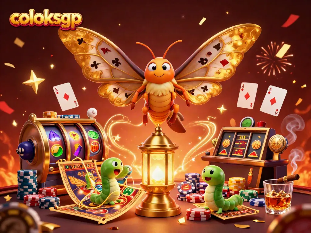 Slot online COLOKSGP ditampilkan dengan kupu-kupu raksasa dan elemen kasino yang meriah.