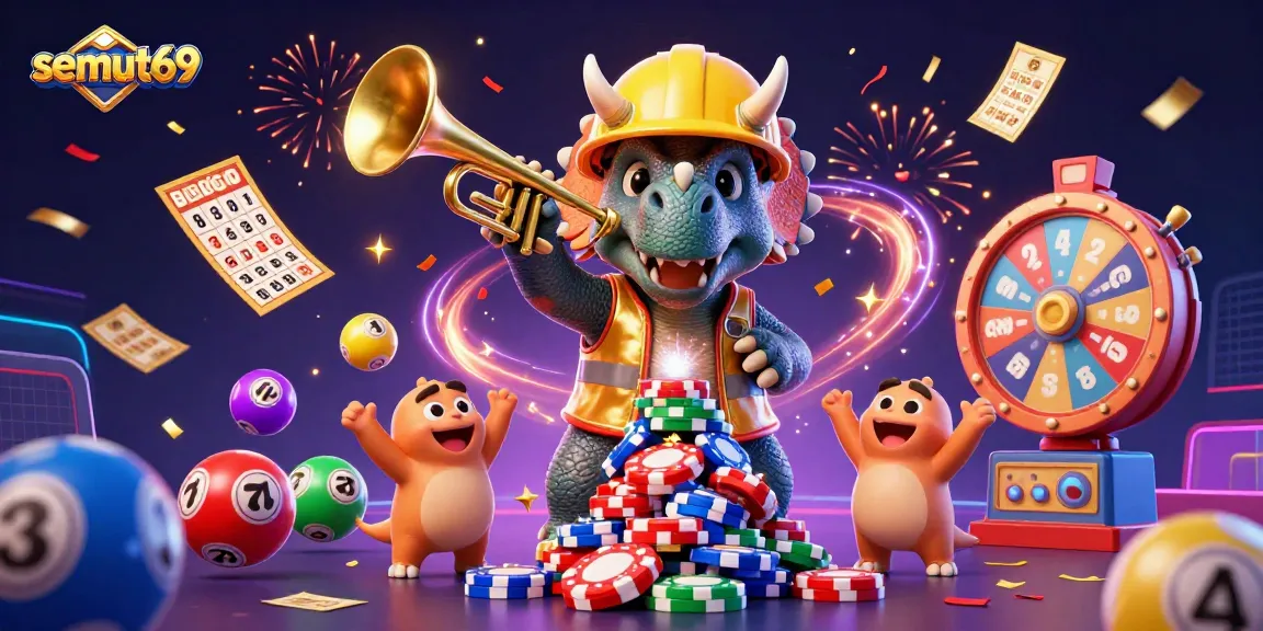 Semut69 merayakan momen kemenangan di kasino dengan dino 3D dan lotere yang dinamis.