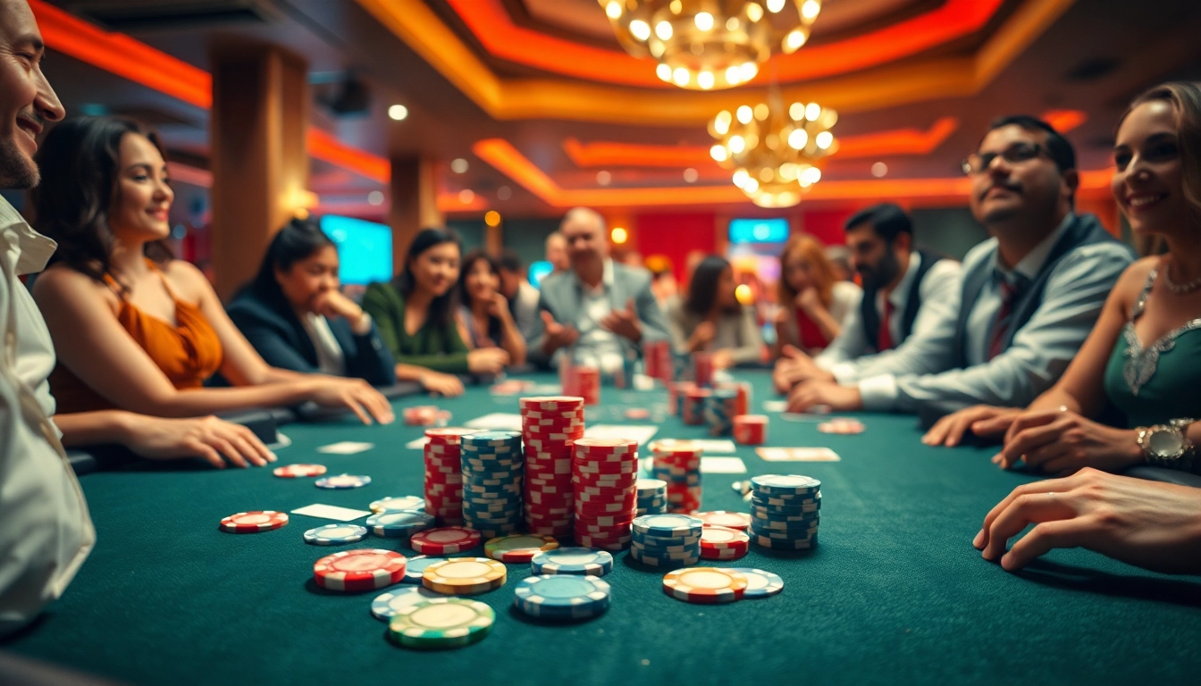 Permainan bbtn4d kasino yang menarik dengan tumpukan chip berwarna-warni dan kartu, menciptakan suasana yang hidup.