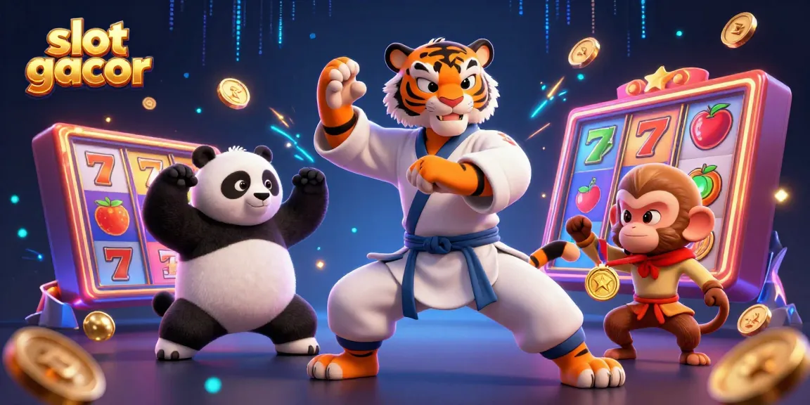 Engage in thrilling slot gacor action with a kung fu tiger mastering the game alongside vibrant elements.