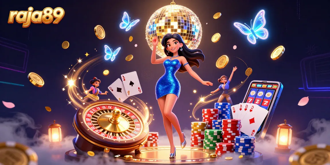 Spin the wheels and win with raja89 in a vibrant casino illustration filled with dynamic game elements.