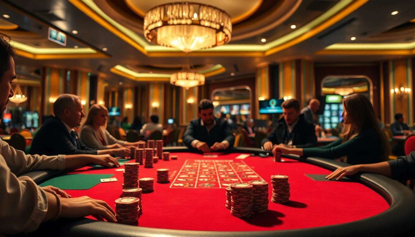 Aksi di meja poker tkp188 dengan pemain yang serius dan suasana kasino yang mengesankan.