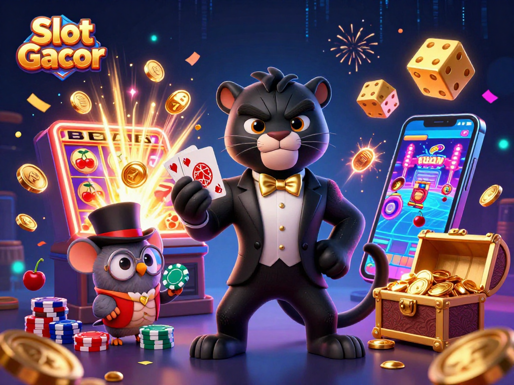 Experience exhilarating Slot Gacor action with a cartoon panther dealing cards as lucky symbols fly around.