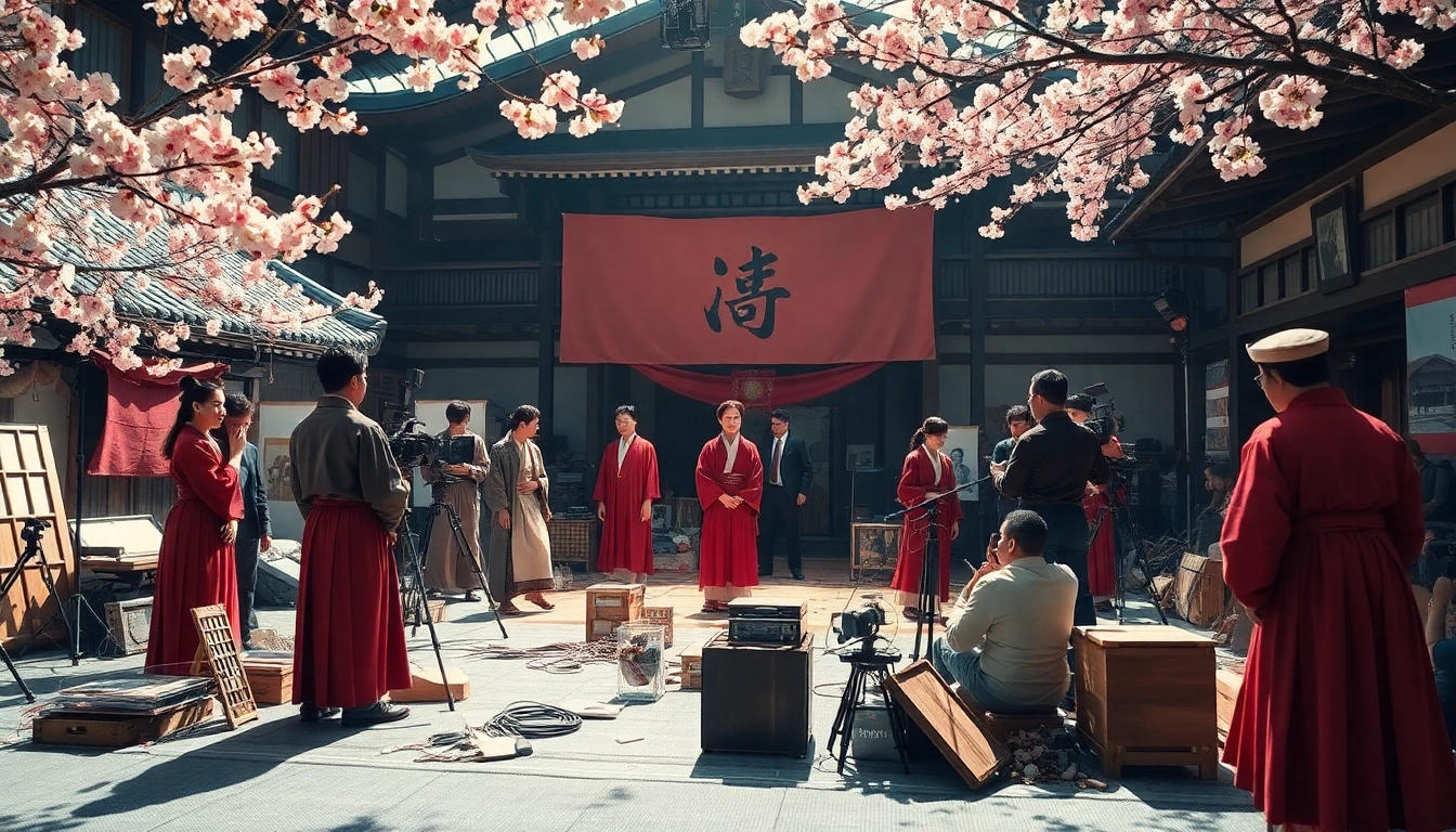 Menampilkan film semi jepang dengan aktor di set tradisional dan latar belakang sakura.