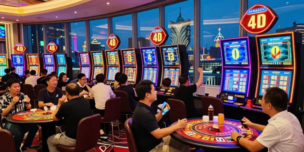 Data Macau 4D yang ditampilkan di venue permainan Macau dengan suasana meriah.
