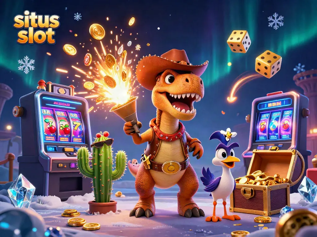 Experience dynamic wins at situs slot with a lively T-Rex, cactus sidekick, and roadrunner in a vibrant casino scene.