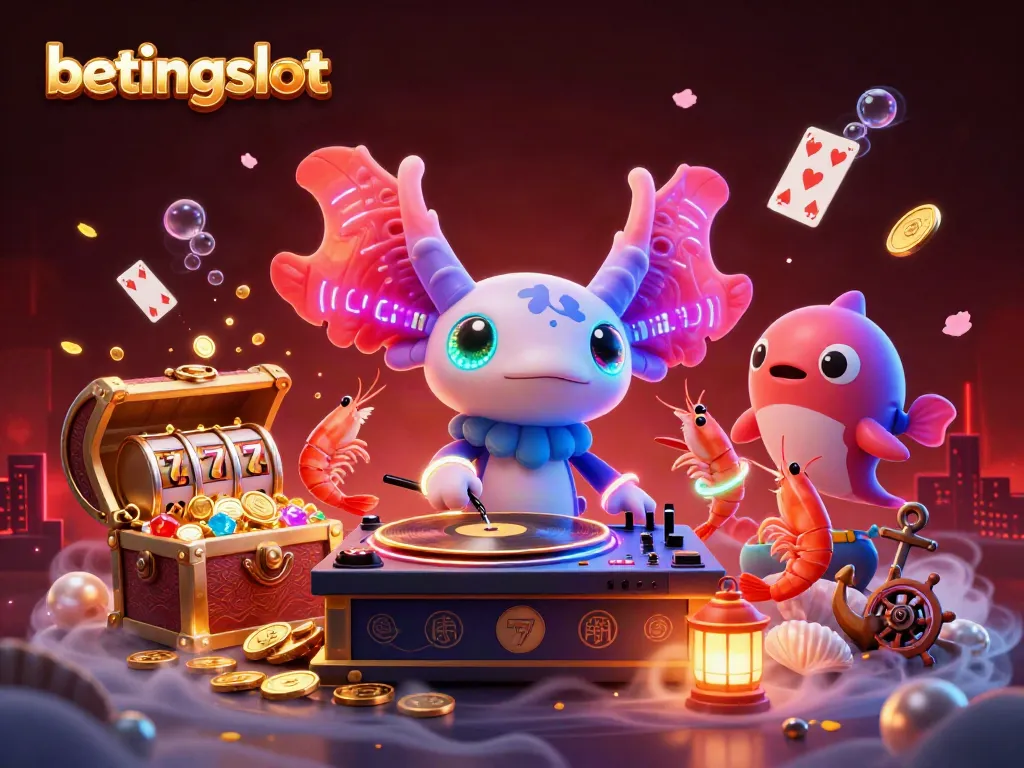 Ilustrasi kasino 3D betingslot dengan karakter berwarna neon di dunia bawah laut yang penuh harta karun.