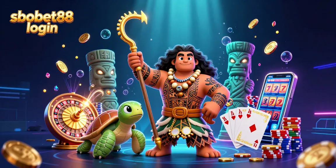 Engage in sbobet88 login action with a vibrant 3D illustration, showcasing dynamic casino elements.