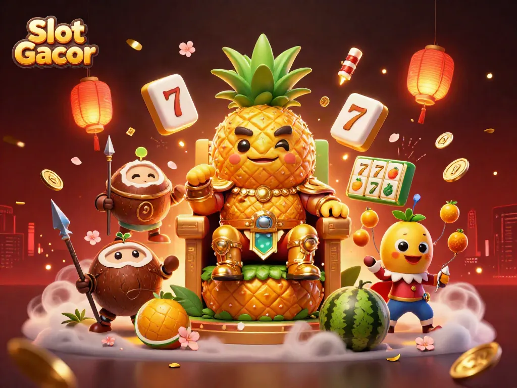 Menangkan Slot Gacor dengan ilustrasi kasino berwarna cerah, simbol keberuntungan, dan karakter berenergi.