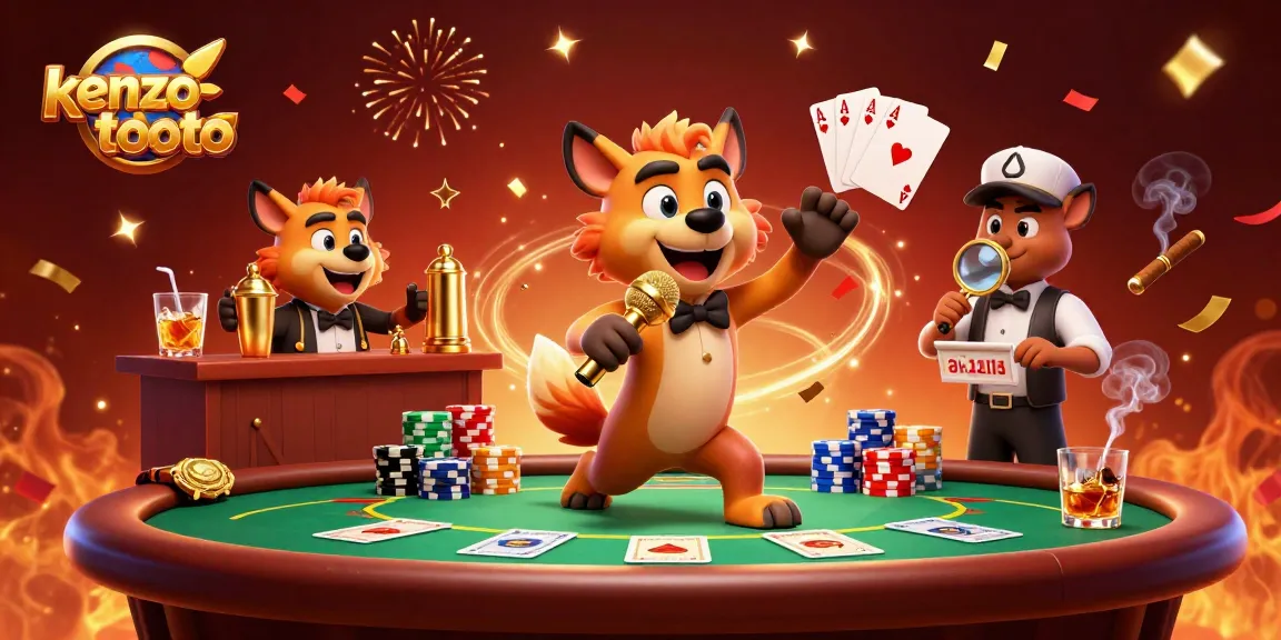 KENZOTOTO memamerkan kasino komedi dengan hyena dan permainan kartu yang meriah.