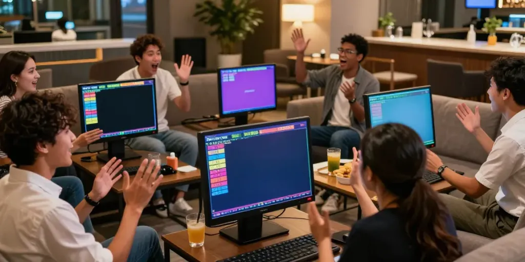 Hasil live draw toto macau di layar digital dengan orang-orang bersemangat di lounge modern.