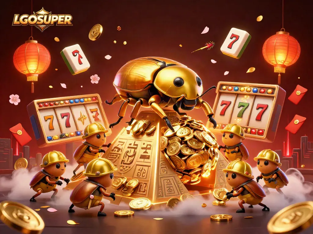 Engage in thrilling gameplay with LGOSUPER as golden beetles roll coins in a vibrant casino scene.