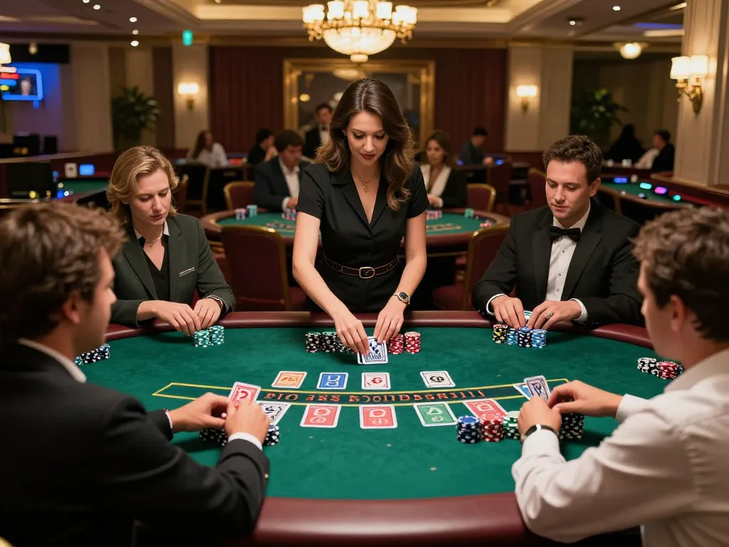 IWIN players engaged in an exciting live dealer blackjack game with colorful chips and cards on a shining table.