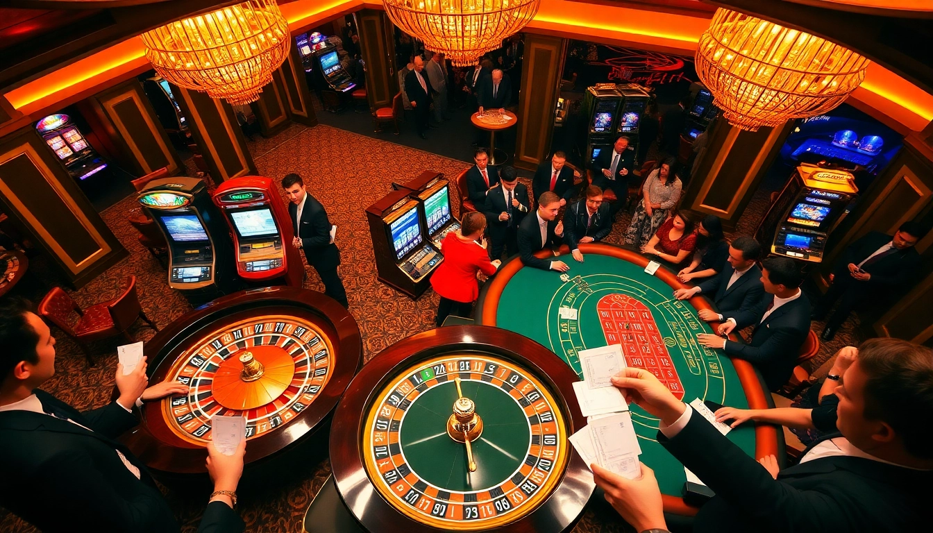 Kết quả xổ số excitement at a luxurious casino with players reviewing their tickets.