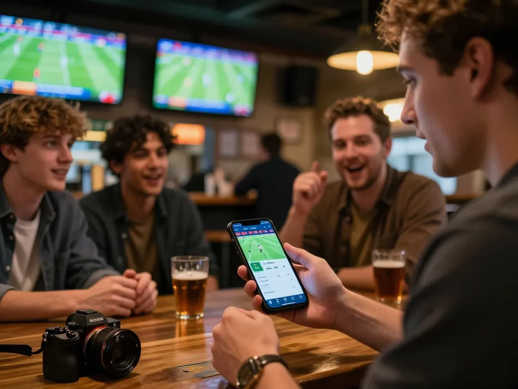 Placing live sports bets with 789bet app at a lively sports bar.