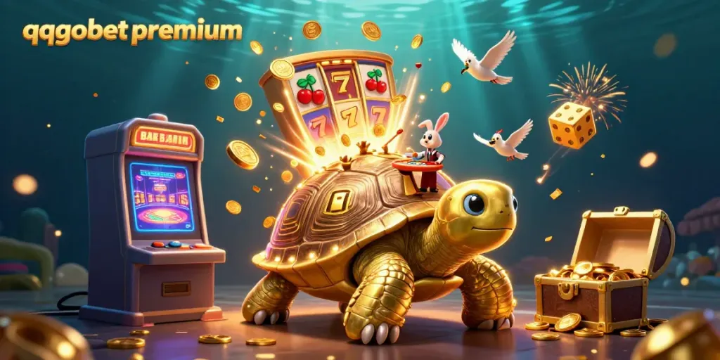 Experience thrilling gameplay at qqgobetpremium with an enchanting casino scene featuring a golden tortoise and colorful gaming elements.