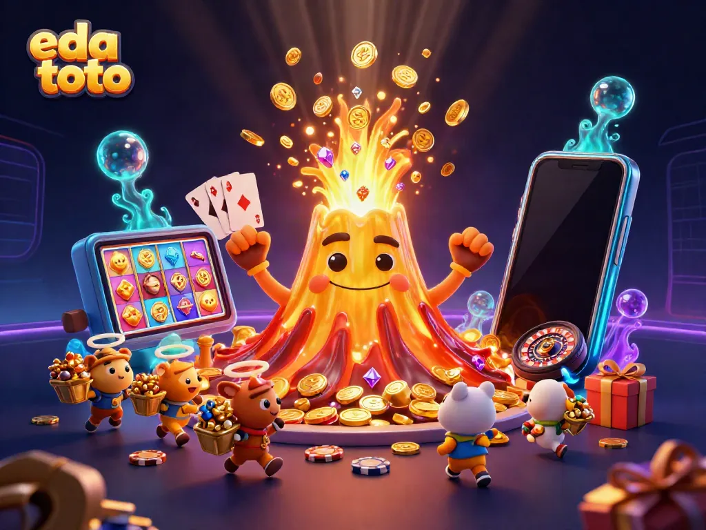 Experience the thrill of winning at eda toto with vibrant golden volcano treasure and gaming elements.