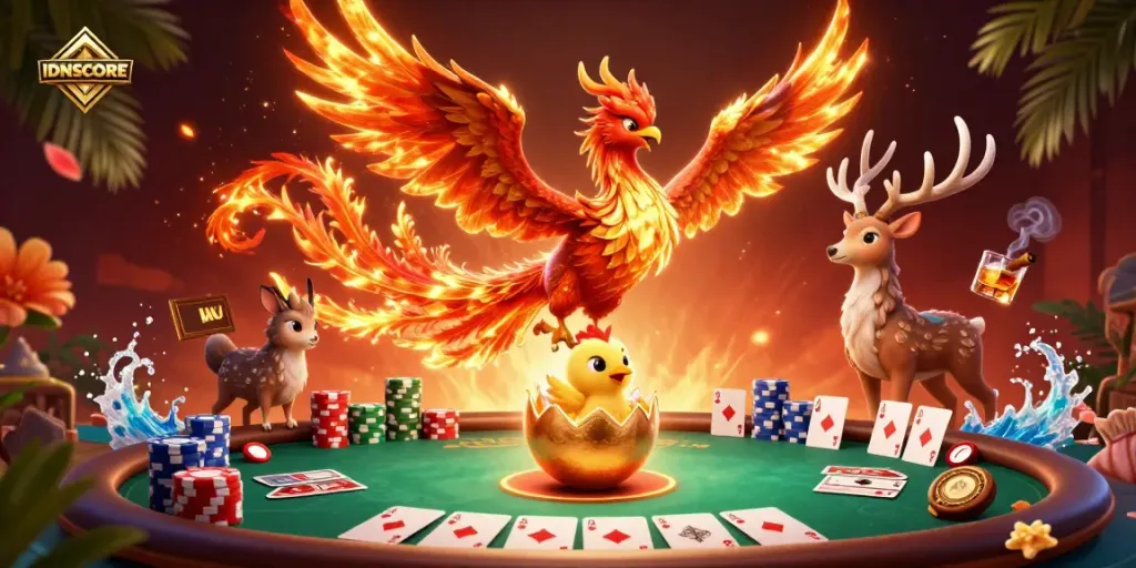 Engage with IDNSCORE's vibrant gaming scene featuring a phoenix and poker elements in an energetic atmosphere.