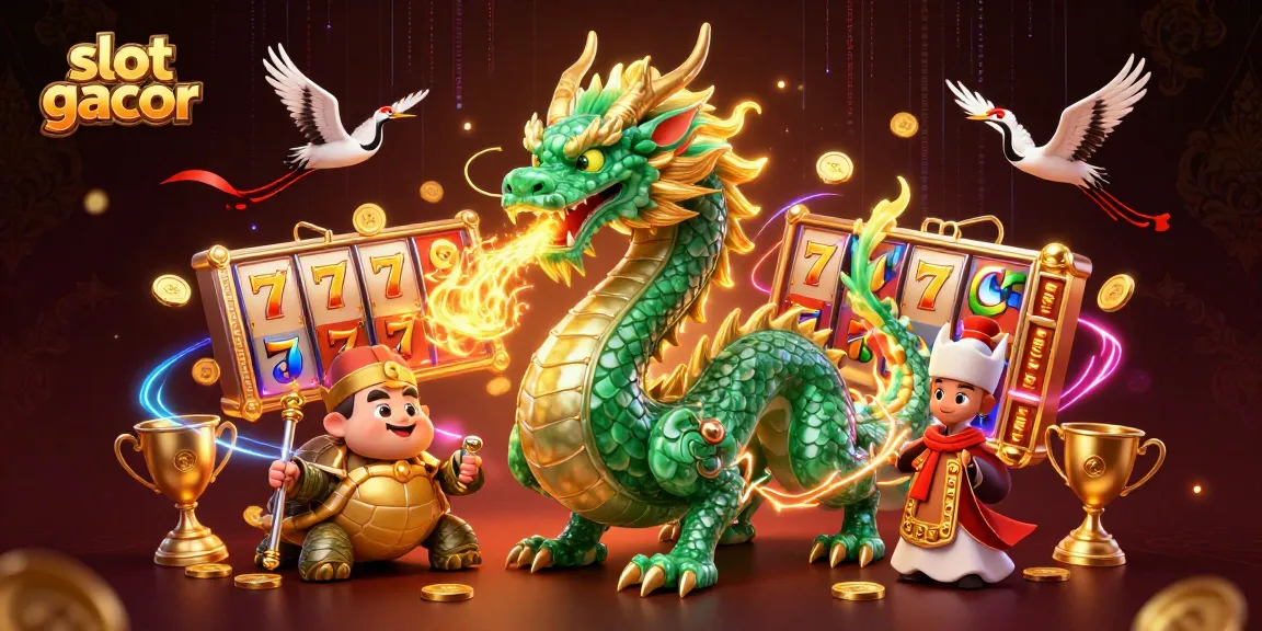 Experience the thrill of slot gacor with vibrant visuals of a jade dragon, lucky cranes, and slot reels