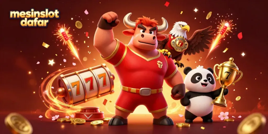Celebrate winning spins with mesinslot daftar featuring a vibrant 3D casino scene of lucky symbols and joyful characters.