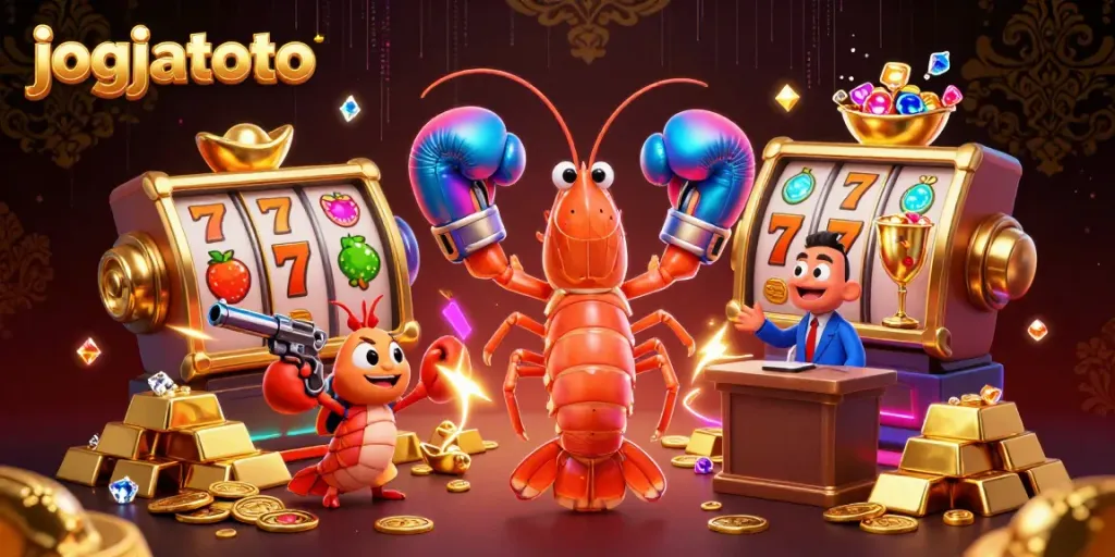 Win big with jogjatoto as cartoon shrimp celebrate casino luck surrounded by treasure!
