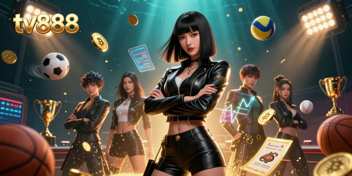 Engage in thrilling sports betting action with tv888, featuring dynamic 3D elements, sports balls, and Bitcoin coins.