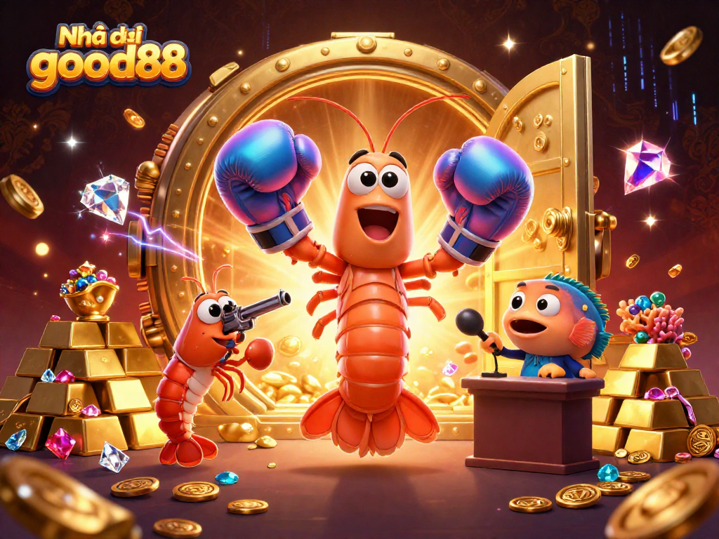 Engage with the vibrant world of Nhà cái good88 featuring animated shrimp characters and treasure elements