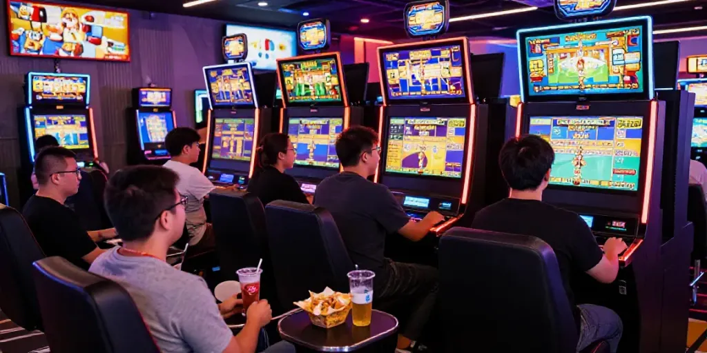 Suasana permainan slot gacor yang dinamis dengan pemain antusias dan mesin slot berwarna-warni.