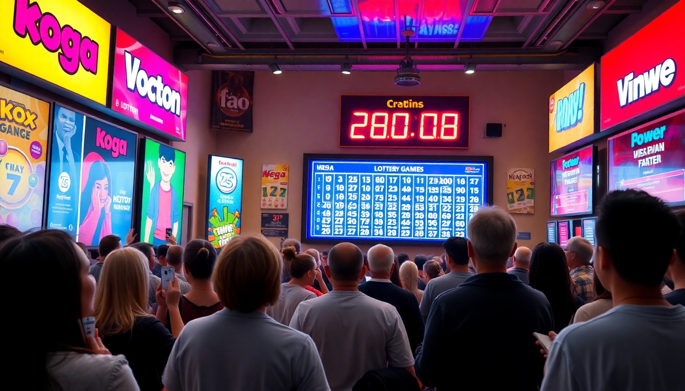 Kqxs lottery players eagerly awaiting the winning numbers in a vibrant lottery hall.