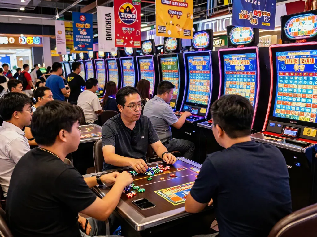 Suasana taruhan Togel yang energik di pusat kota, menampilkan pemain terlibat aktif dan layar hasil langsung.