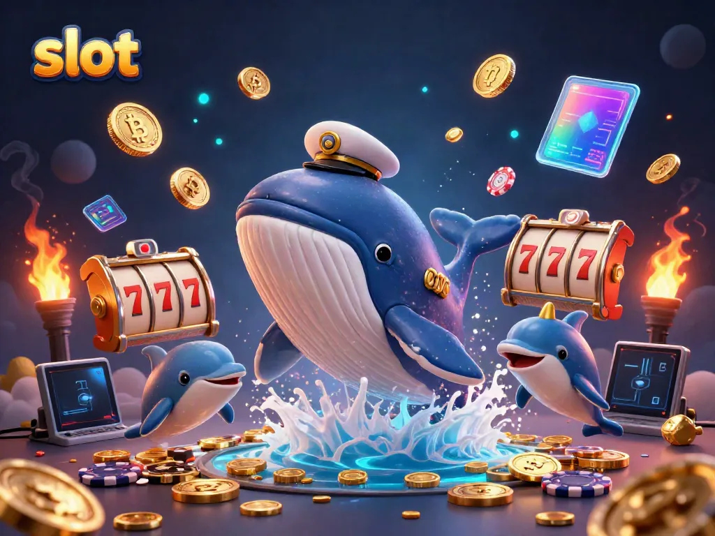 Slot permainan dengan ikan paus besar, unicorn laut, dan koin emas berserakan.