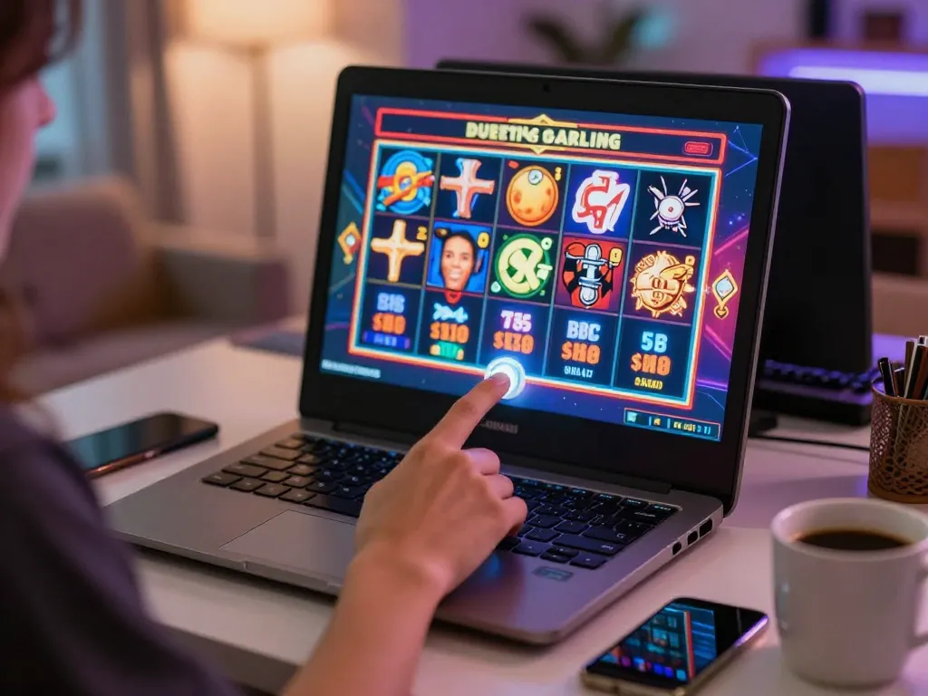 A player preparing to spin the slot machine in a cozy online gaming environment, showcasing excitement and strategy.