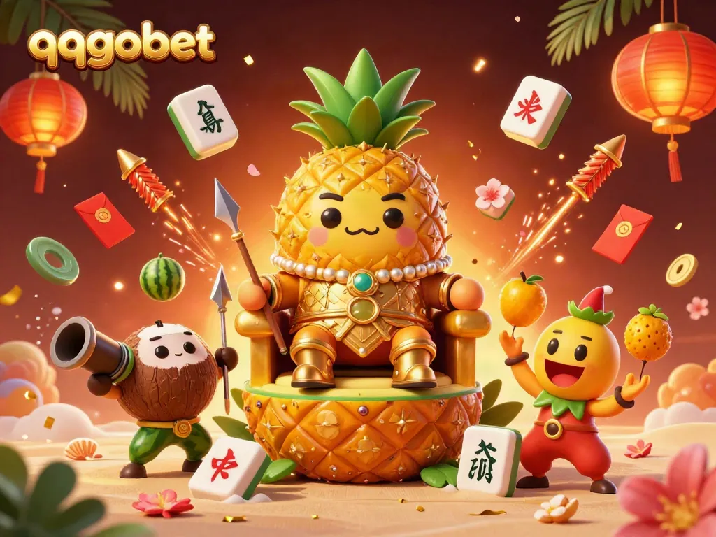 Engaging 3D scene showcasing qqgobet with a pineapple king, coconut guards, and vibrant casino elements.