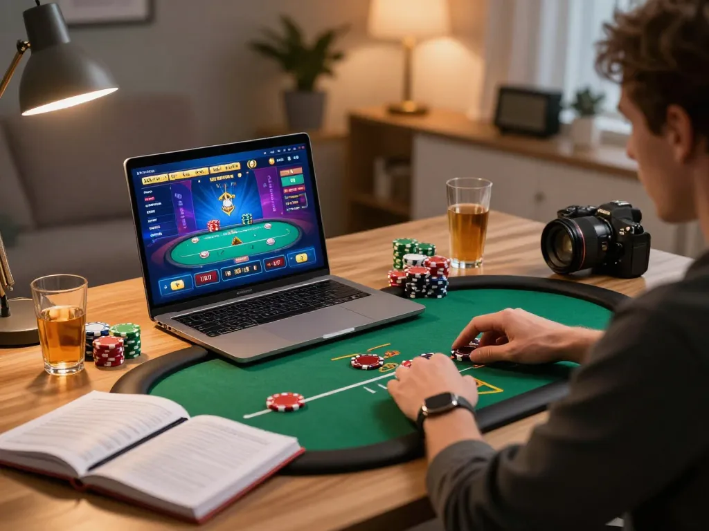 Player enjoying F168 online gaming experience on a laptop in cozy home office setting
