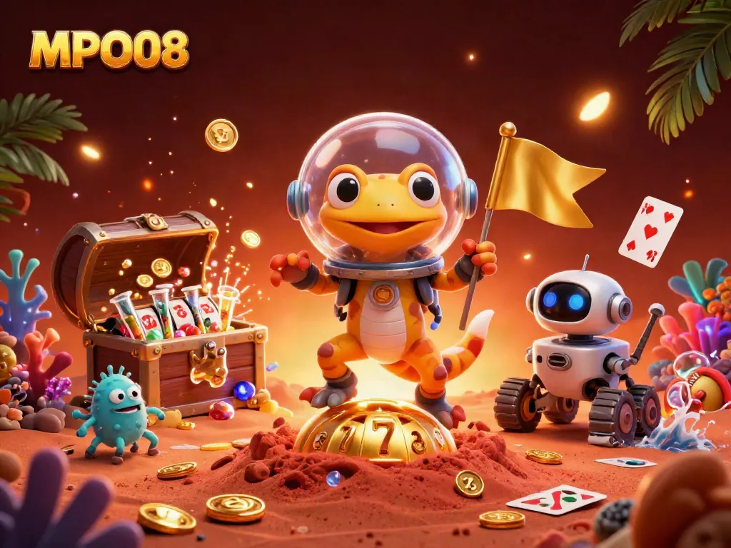 Experience the excitement of MPO08 with a Martian gecko discovering a golden casino in a vibrant 3D illustration.