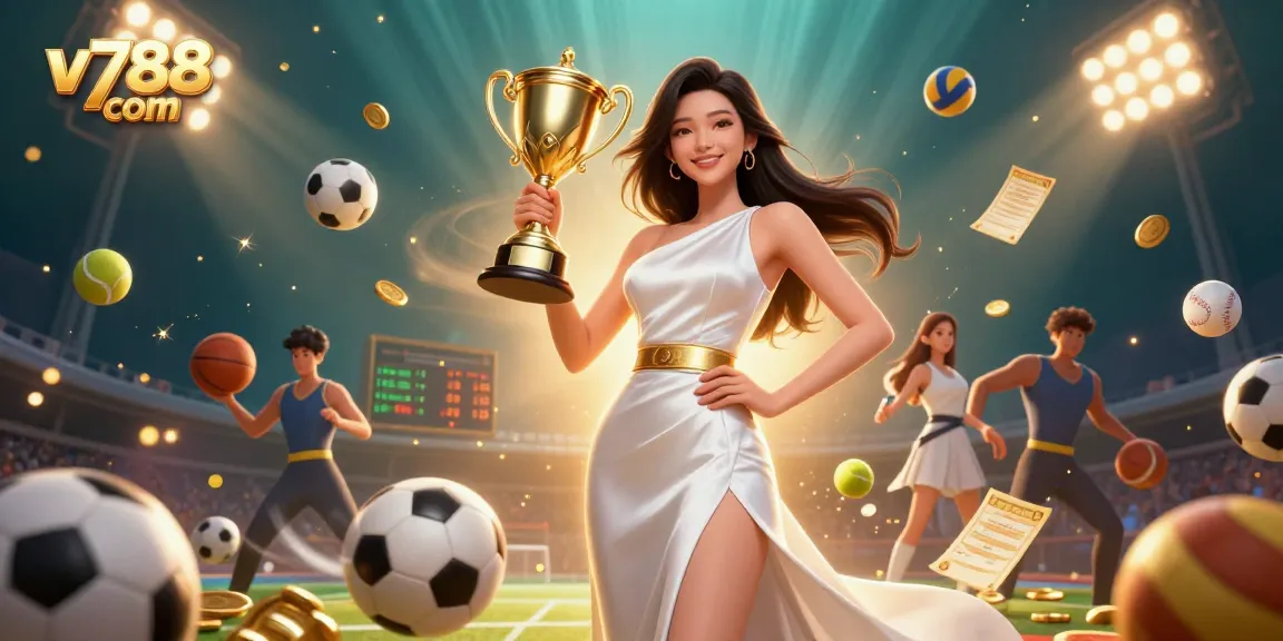 Experience sports betting excitement with v788 com in a dynamic 3D casino illustration.