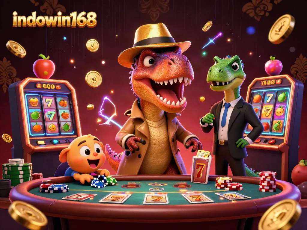 Play slot games with indowin168 featuring cartoon dinosaurs in a lively casino scene.