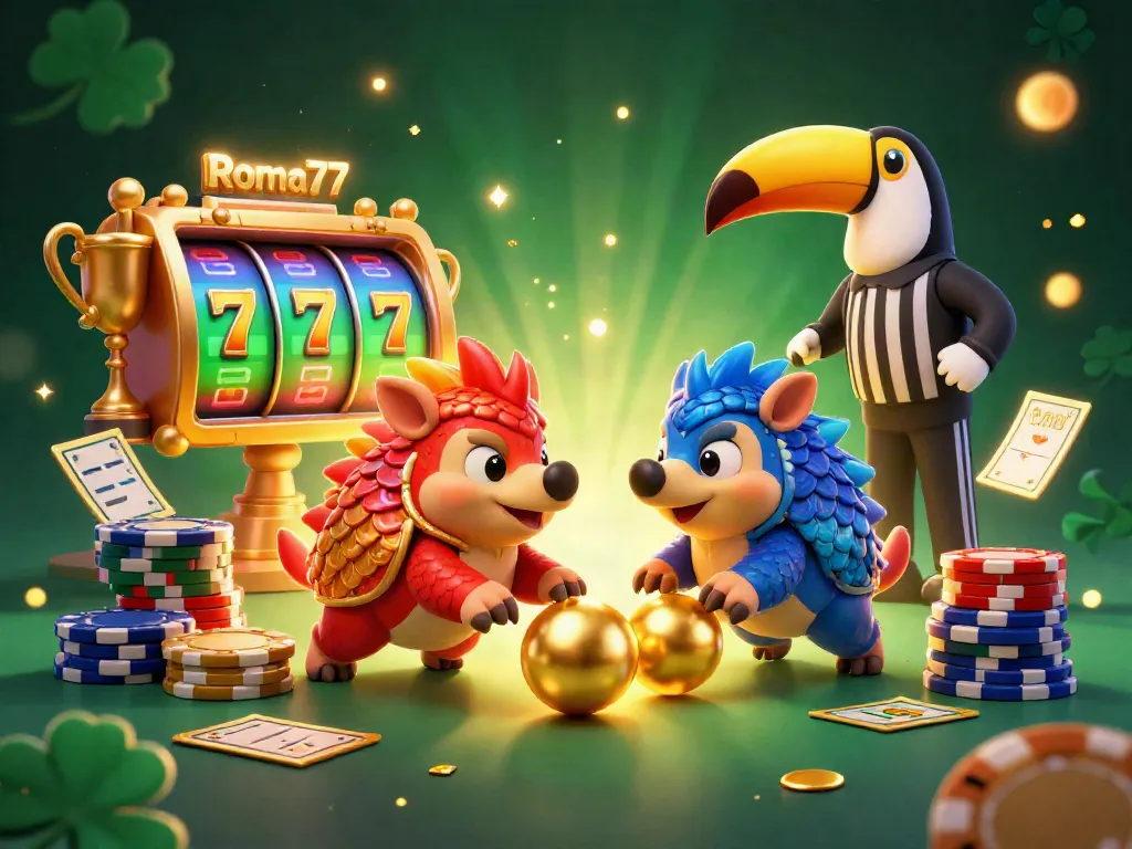 Engage with Roma77's exciting slot games alongside dynamic scenes of victory and vibrant casino elements.