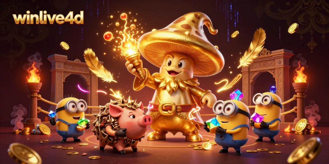 Winlive4d features a golden mushroom wizard and truffle pig amidst a rich casino scene.