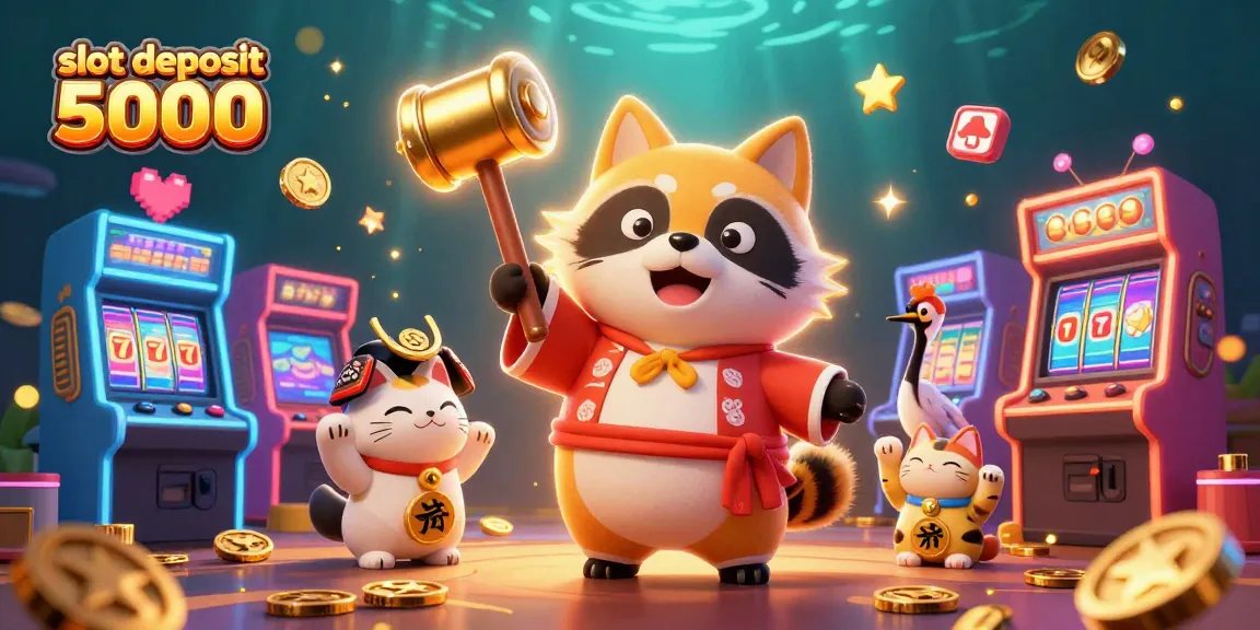 Experience the excitement of slot deposit 5000 with a cheerful tanuki and vibrant casino elements!